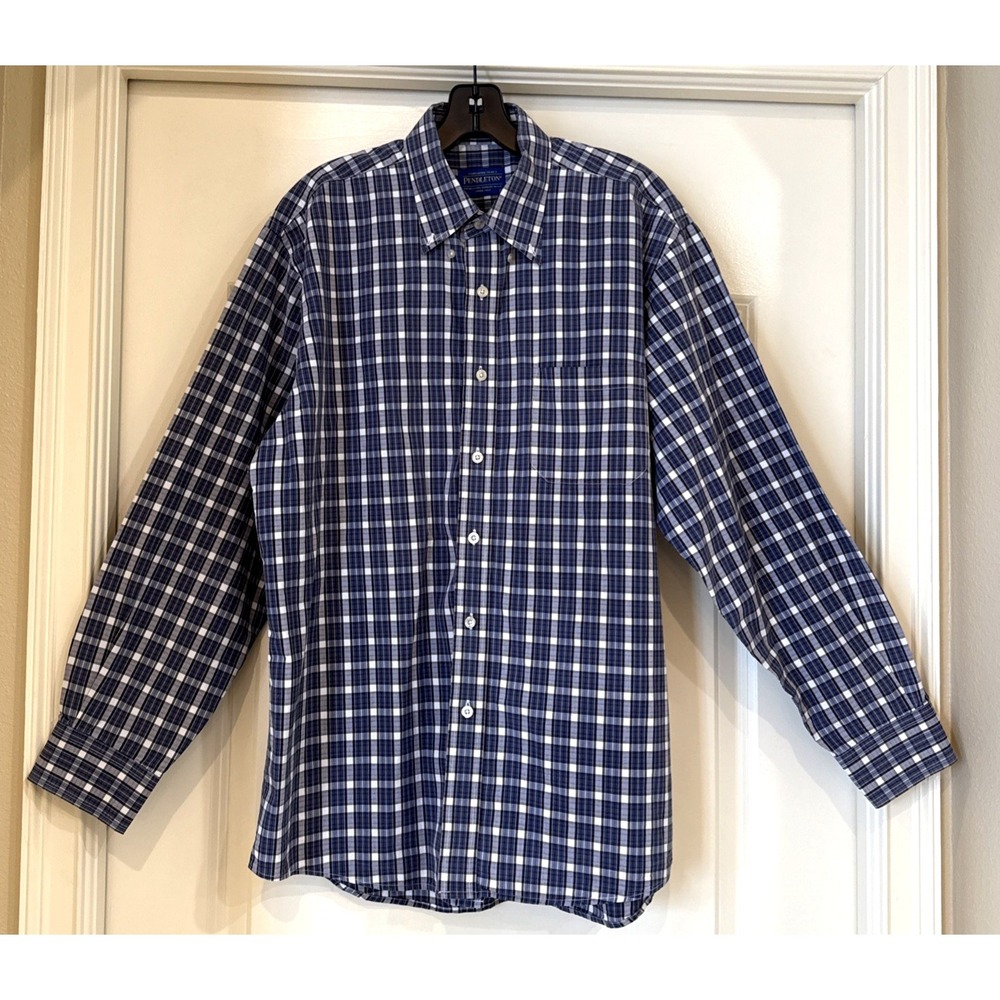 Pendleton Men's Boulevard Blue Plaid Cotton Button Up Shirt Sz L Career Preppy